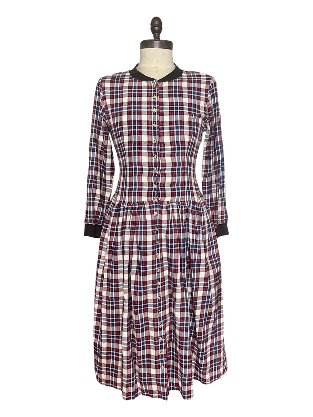 Eddie Bauer Cottagecore Tartan VTG Retro Dress Button Up Pockets Red Blue SZ S